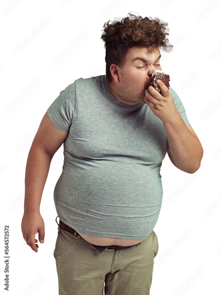 An overweight man messily eating a slice of cake isolated on a PNG background.