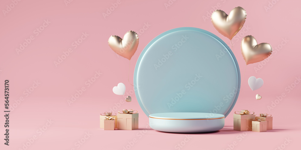 Valentines day stage podium mock up with heart product display showcase 3d rendering