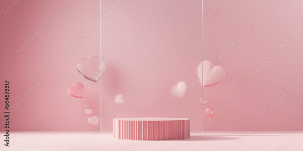 Valentines day stage podium mock up with heart product display showcase 3d rendering