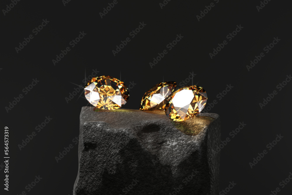 Round diamond topaz Gem placed on dark reflection background soft focus 3d rendering