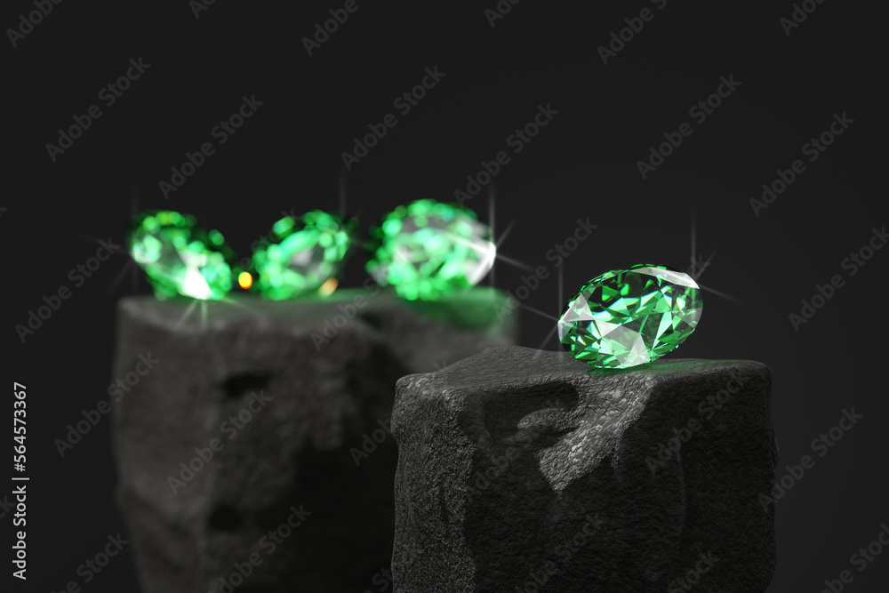 Green Diamond Group on Glossy Background Soft Focus 3d illustration