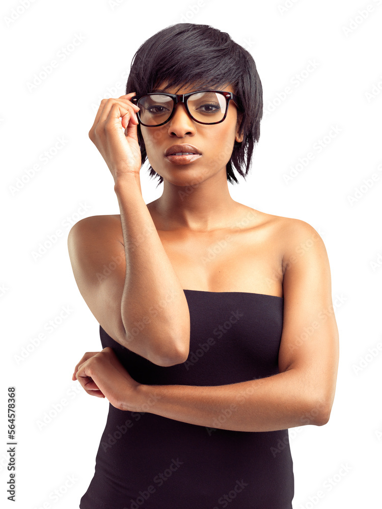 A serious young african woman isolated on a PNG background..