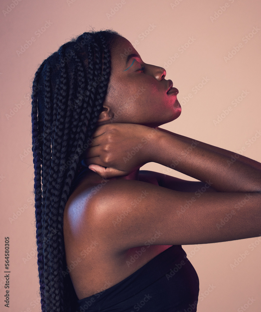 Black woman profile, face and braids with eyes closed, makeup and beauty isolated on studio backgrou