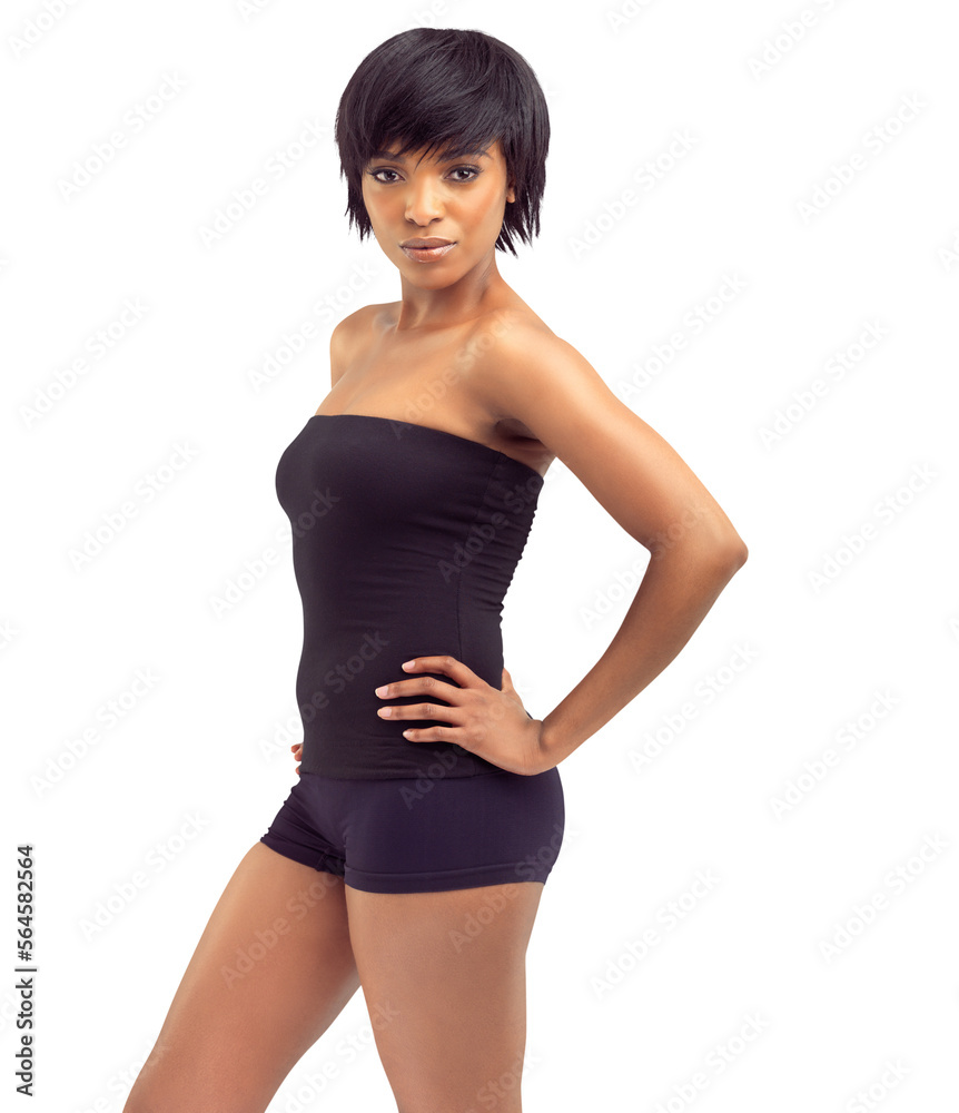 A fit young african woman posing confidently isolated on a PNG background.