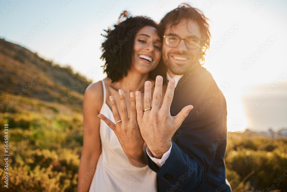 Ring, wedding or a couple of friends in nature on a romantic celebration in an interracial marriage.