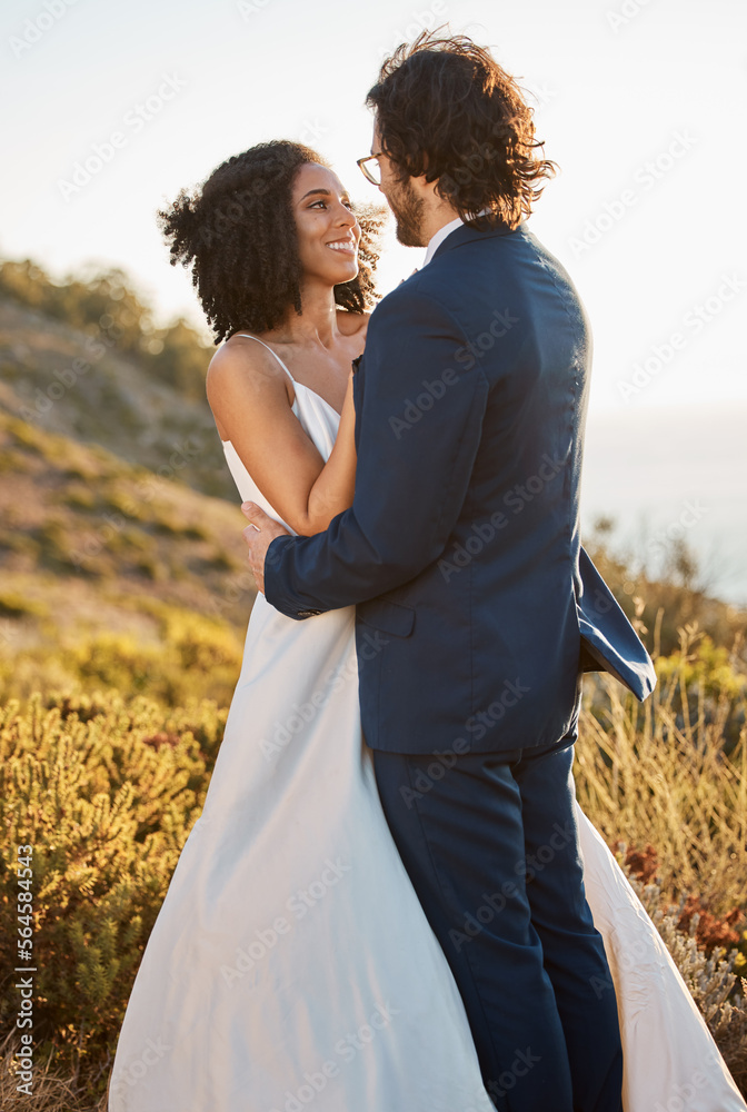 Wedding couple, interracial and hug in nature, happy and excited while celebrating love, beginning a