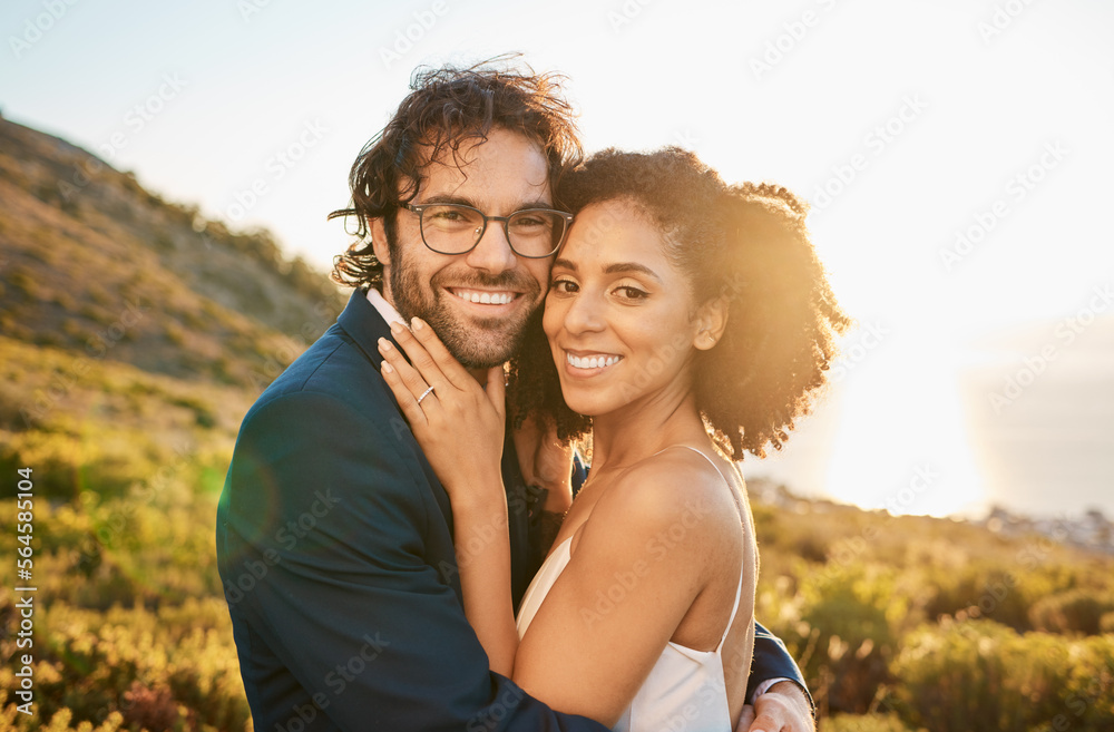 Portrait, wedding couple and interracial marriage hug in nature, happy and excited while celebrating