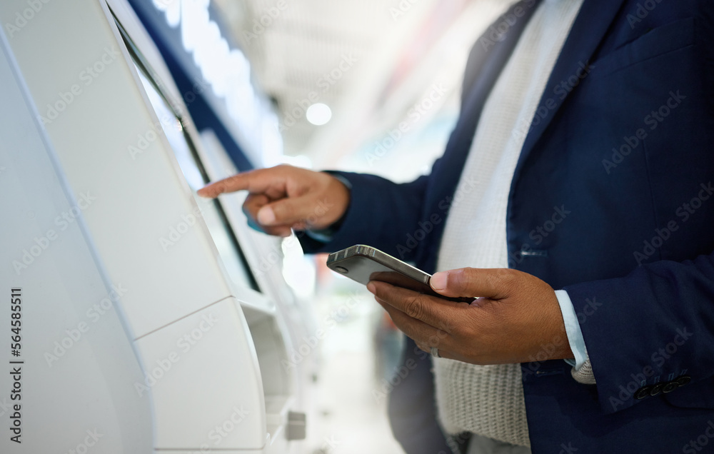 Phone, airport or hands typing on self service screen for digital identity or flight data to travel 