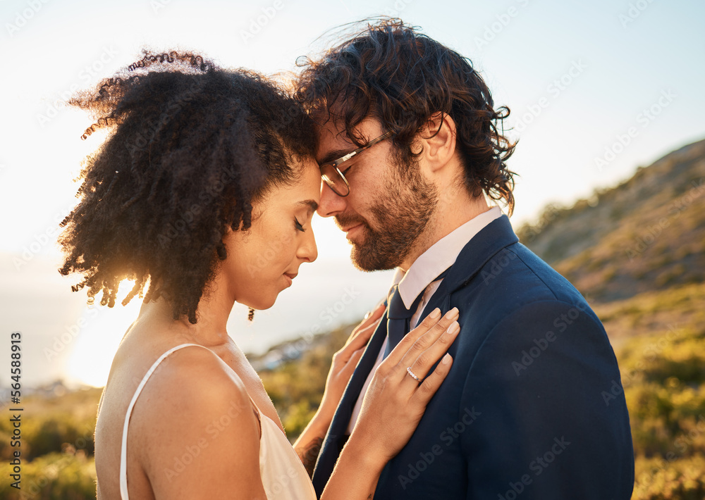 Marriage hug, interracial couple and nature with people outdoor for wedding and save the date. Close