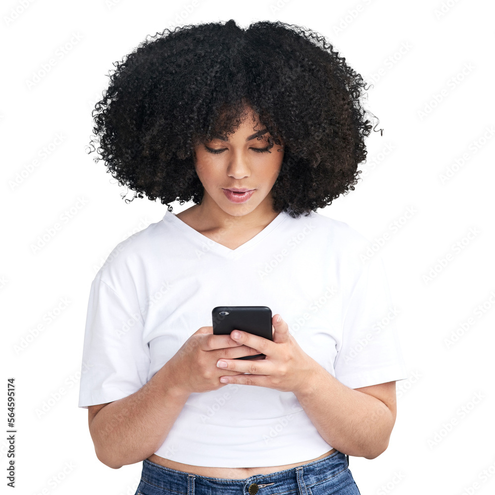 An attractive young woman using a smartphone isolated on a PNG background.