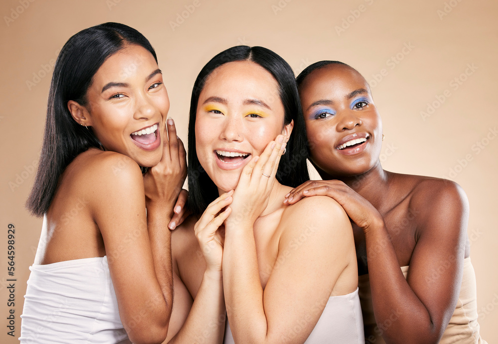 Happy women, portrait smile and diverse beauty for skincare, cosmetics or makeup against a studio ba