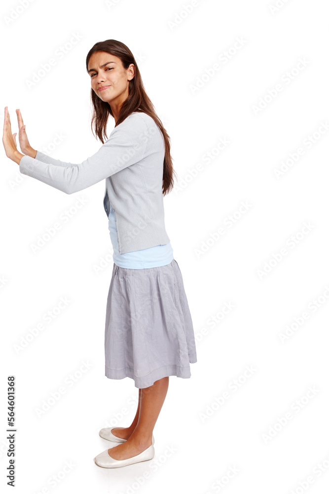 Portrait, mockup and a woman pushing in studio isolated on a white background for product branding o