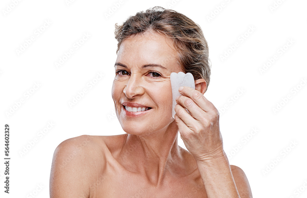 A mature woman using a Qua Sha on her face isolated on a transparent PNG background