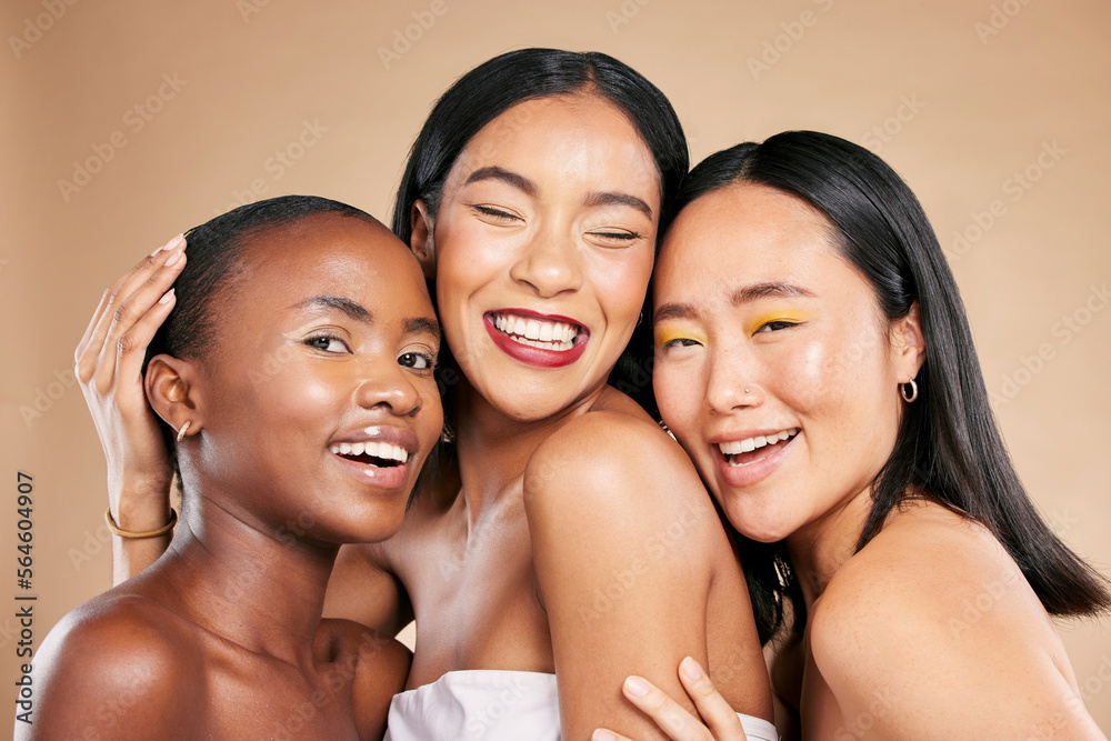 Happy women, portrait smile and hug in beauty for skincare, cosmetics or makeup against a studio bac