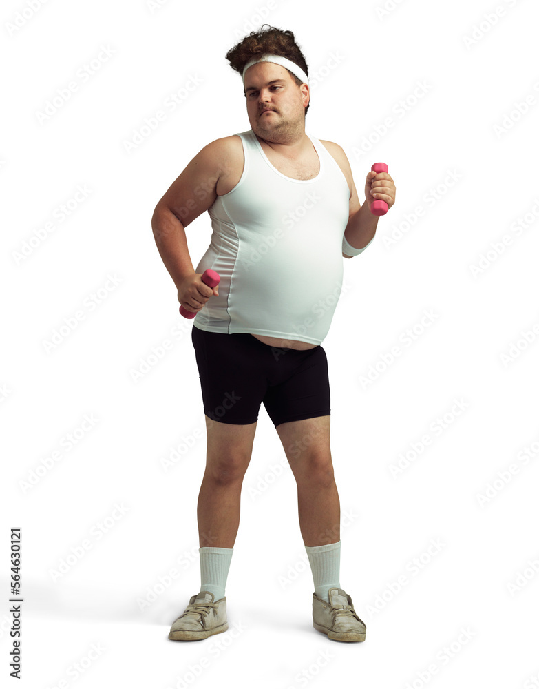 A humorous overweight man lifting dumbbells isolated on a PNG background.