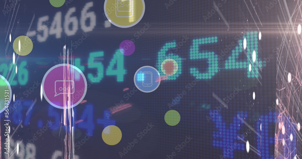 Composition of media icons and stock market on black background