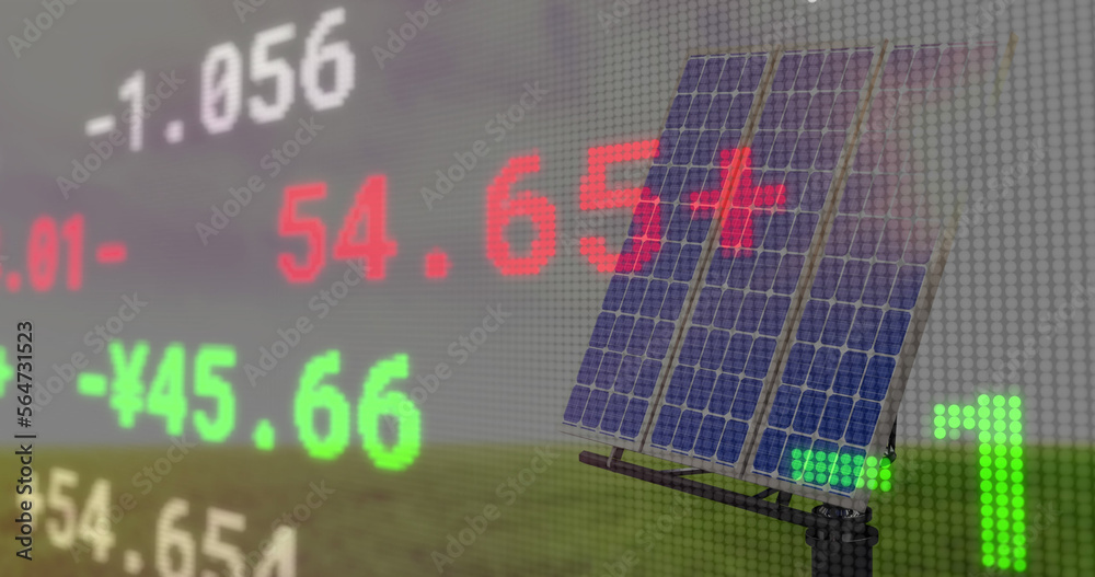 Composition of stock market over clouds and solar panels