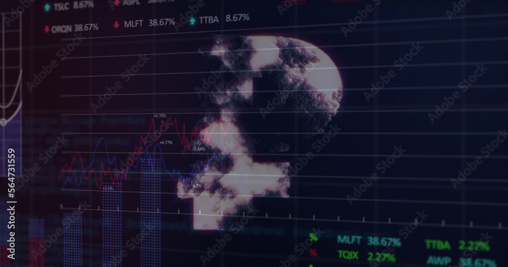 Composition of rouble symbol and data processing on black background