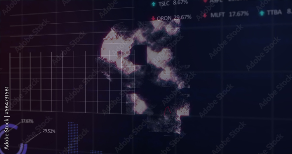 Composition of rouble symbol and data processing on black background