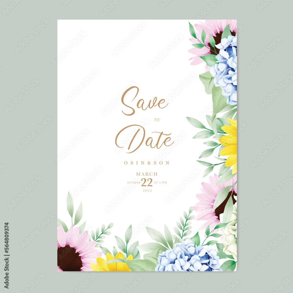 Beautiful watercolor Floral Hydrangea and Sun flower wedding invitation Card Template