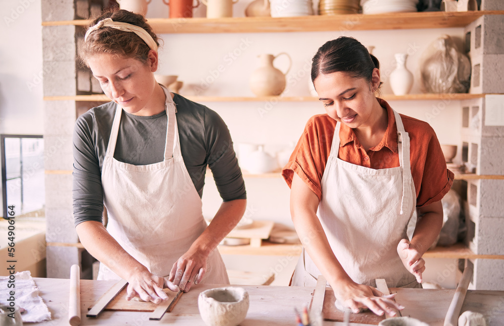 Pottery, art and women in workshop class for molding clay, working on artistic bowl or ceramic. Crea