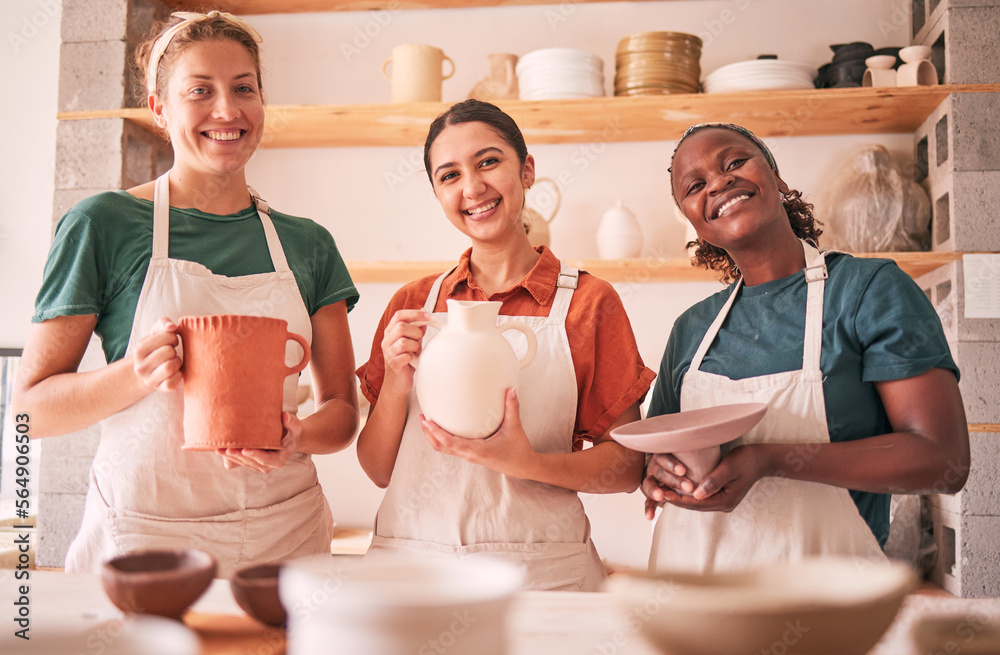 Pottery class portrait, ceramic and women design sculpture mold, manufacturing or art product. Diver