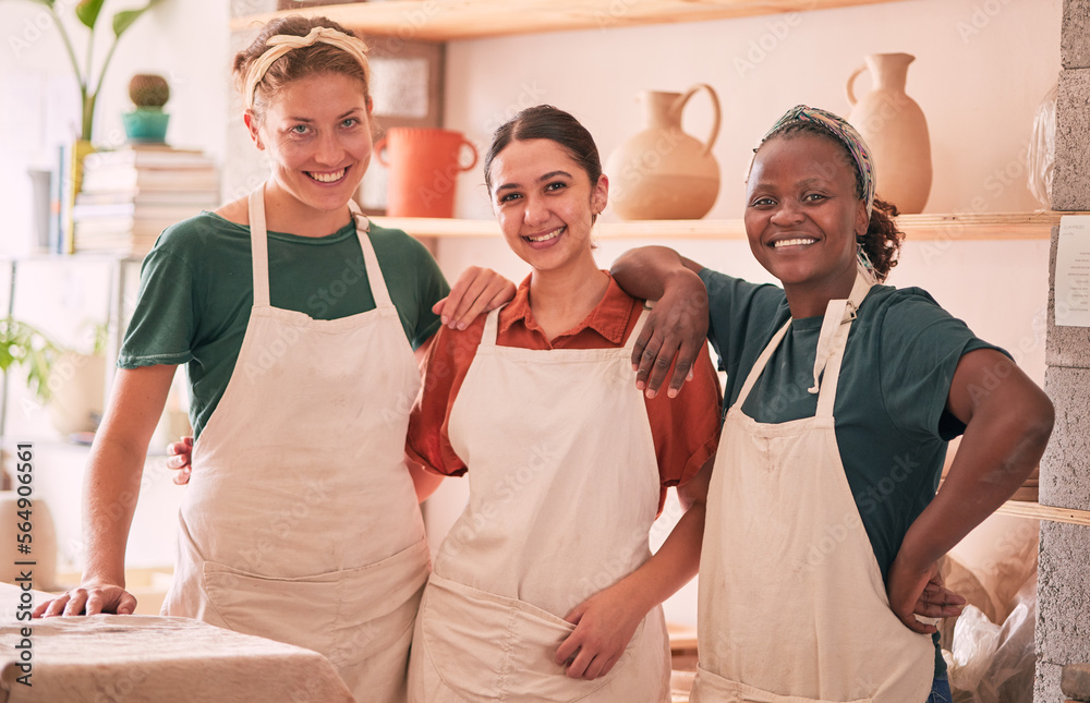 Friends, pottery and portrait of women for small business, artistic startup and creative workshop. C