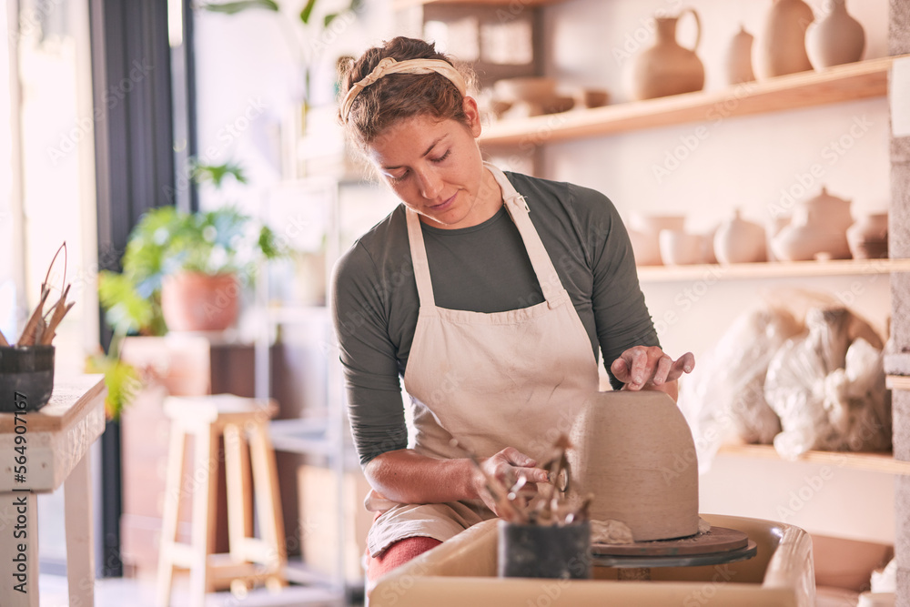 Pottery wheel, mold and woman design sculpture, clay manufacturing process or art product. Creative 