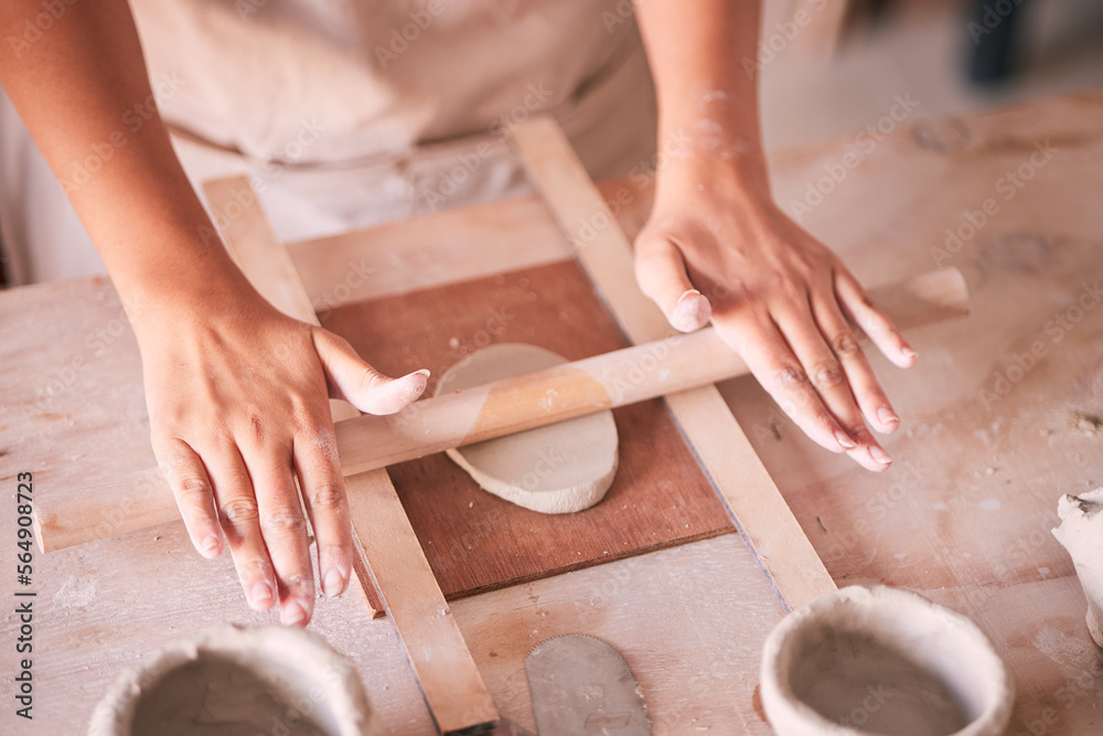 Ceramics, pottery and design with hands of woman in workshop studio for mold, creative and art. Clay