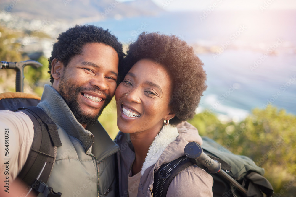 Nature, romance and selfie, couple hiking on mountain for fitness, fun and romantic walk in natural 