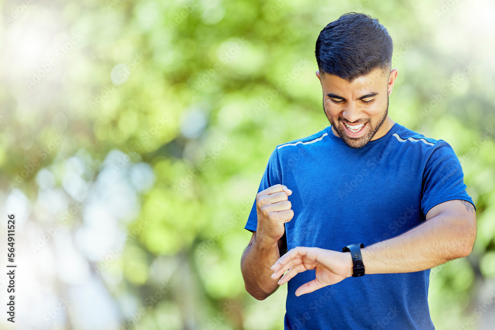 Exercise, mockup and watch with a man cheering his progress as a runner on a cardio or endurance wor