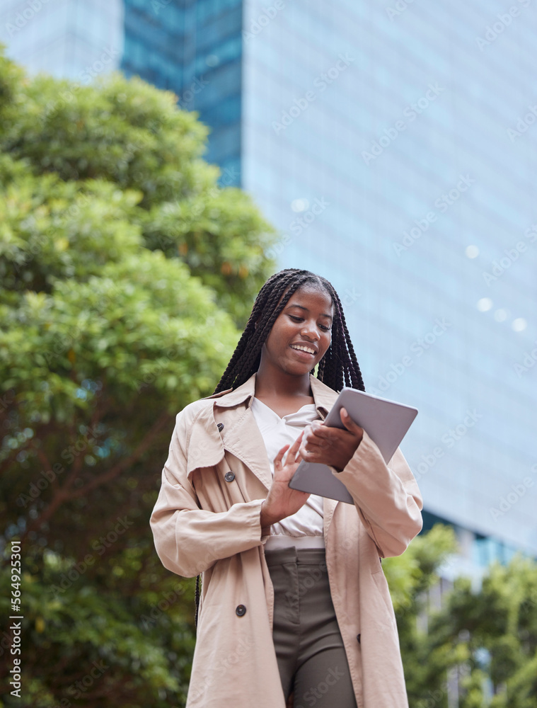 Tablet, business street and black woman in city, internet browsing or research. Tech, employee and l