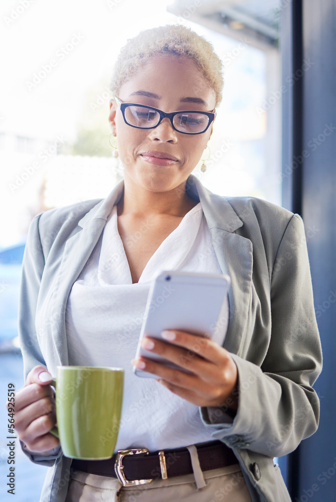 Business, coffee and black woman with smartphone, fintech and typing for social media, communication