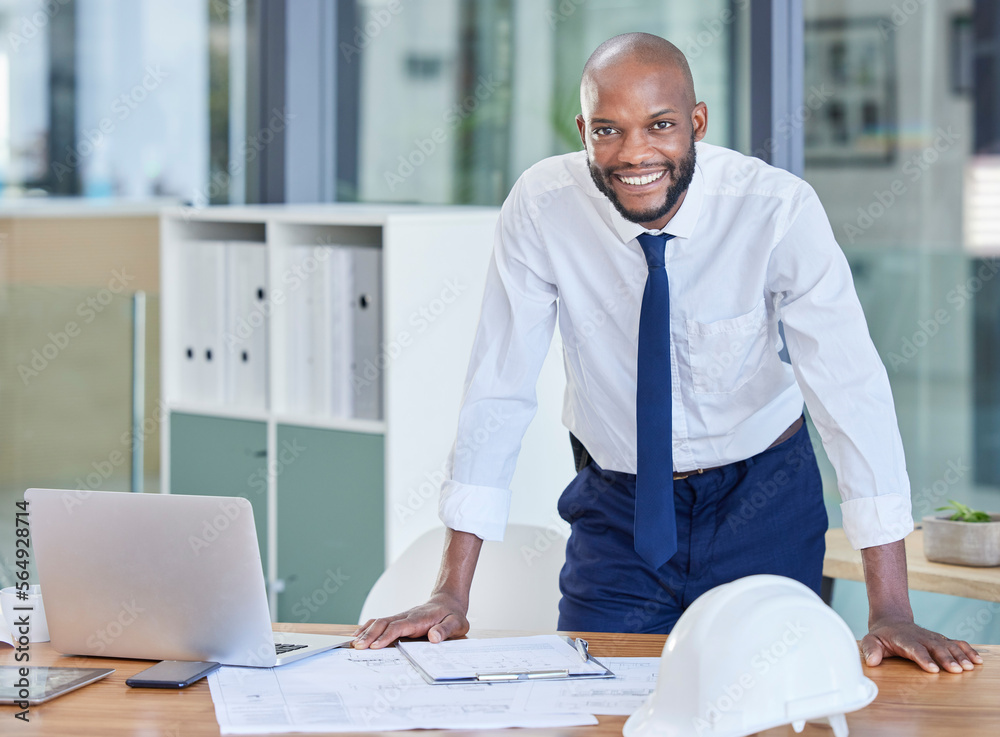 Portrait, black man and architect in office, laptop and achievement with startup, manager or smile. 