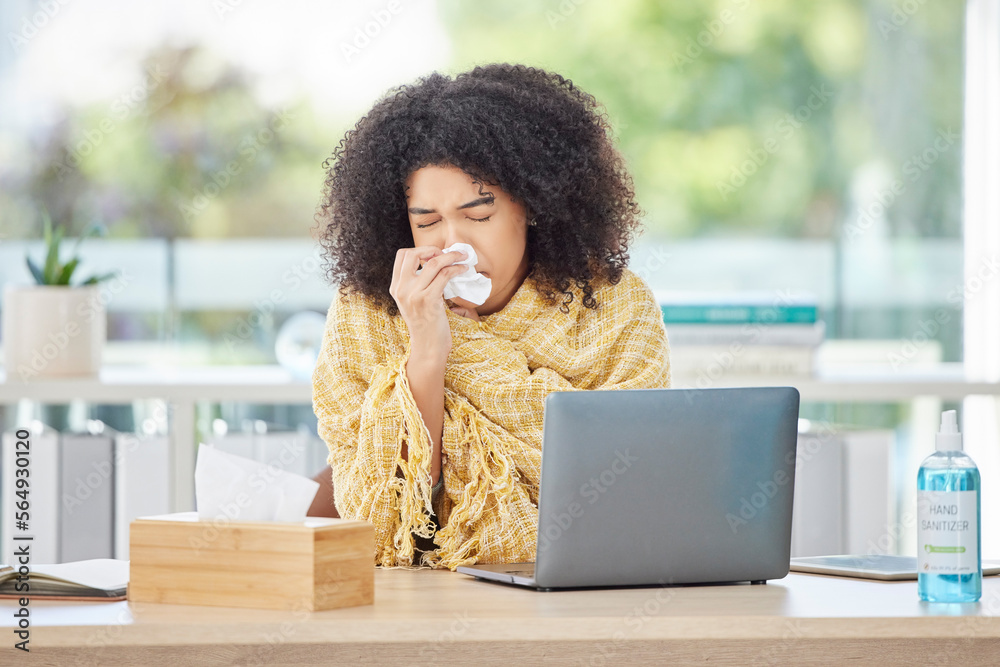 Sick, laptop and blowing nose with a business back woman using a tissue while working in her office.