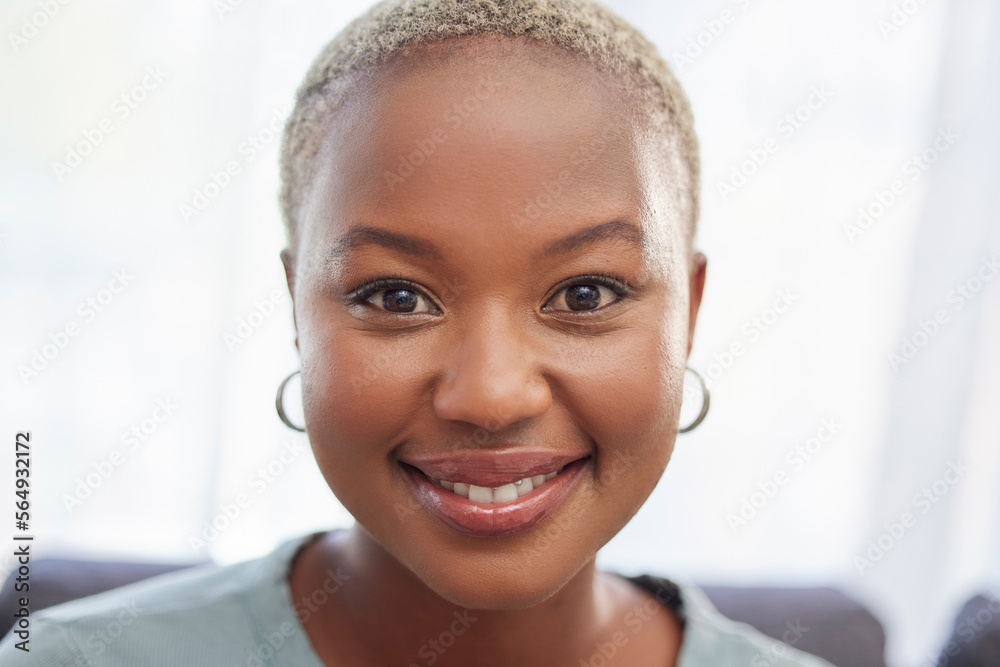 Smile, happy and portrait of a black woman in a house to relax, rest and calm. Beautiful, attractive