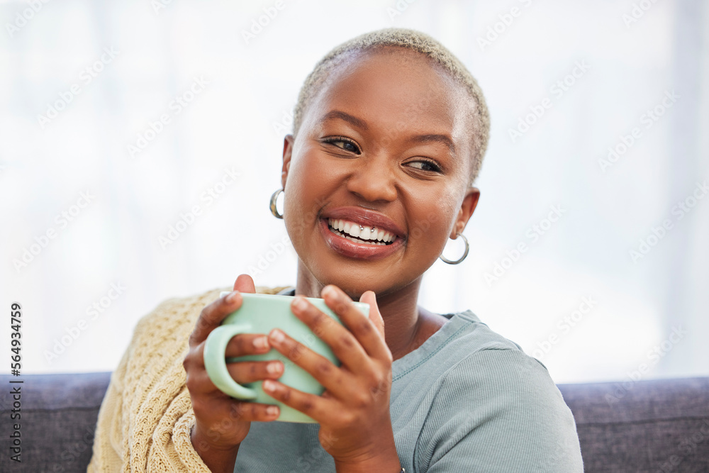 Black woman, relax and sofa with drink, coffee and smile in home living room for me time. Young Afri