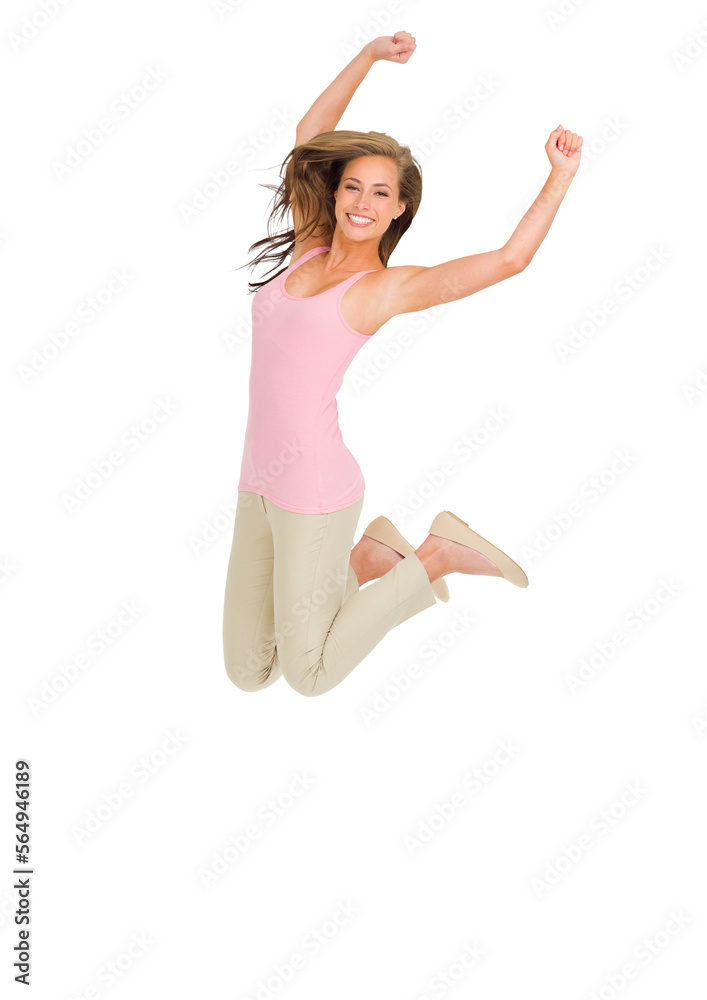 Portrait of a beautiful young woman jumping isolated on a PNG background.