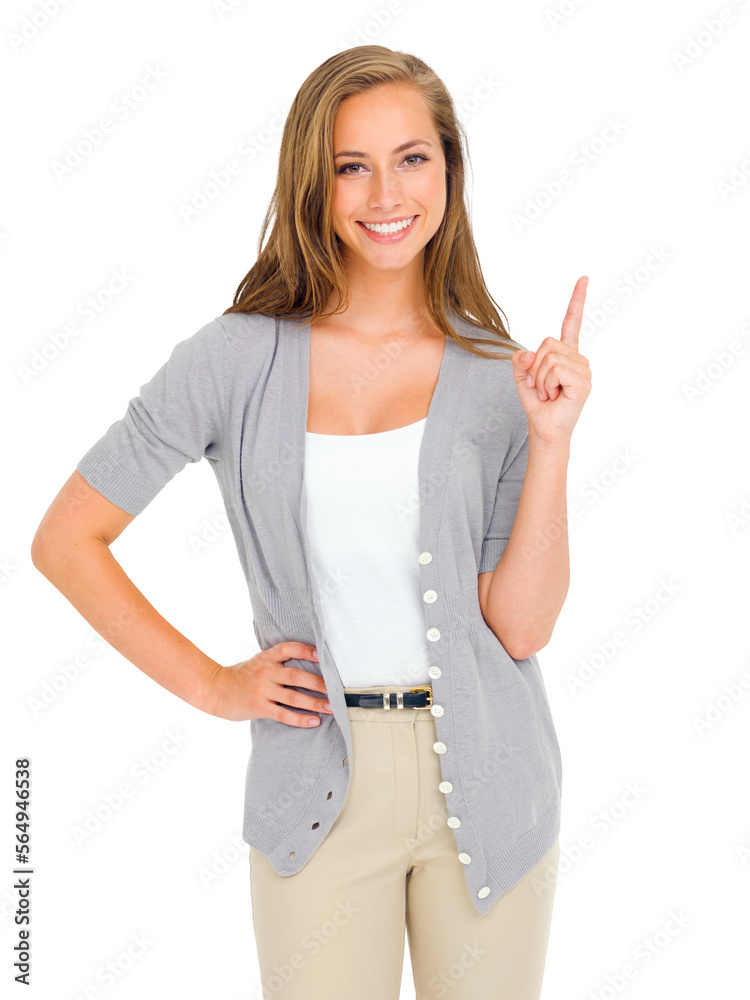 A beautiful young woman pointing up to copyspace isolated on a PNG background.