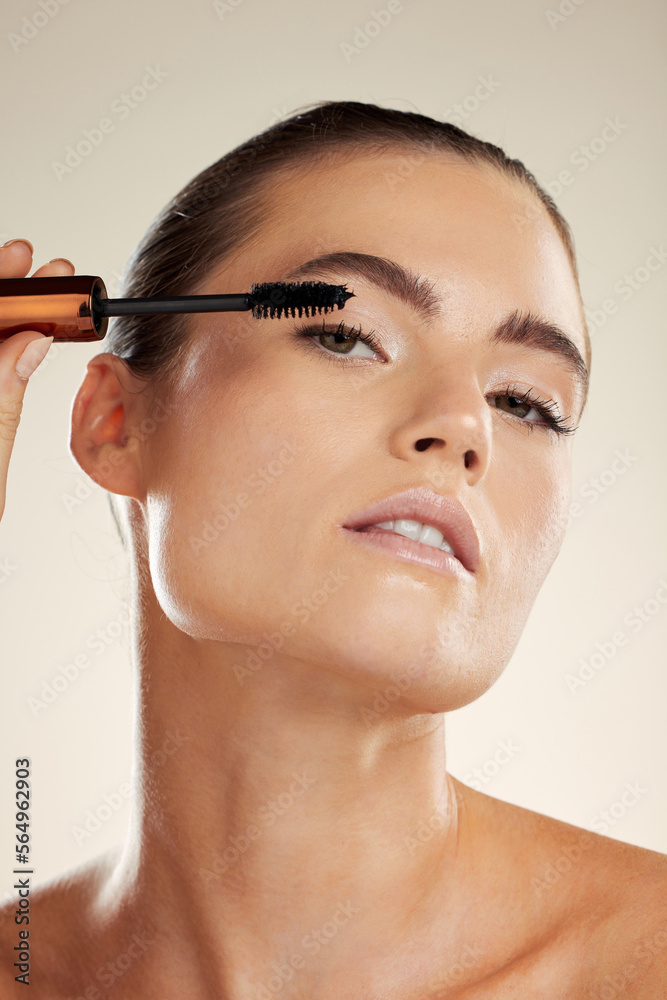 Beauty, mascara makeup and face for woman portrait in studio for luxury eyelash cosmetic product. He