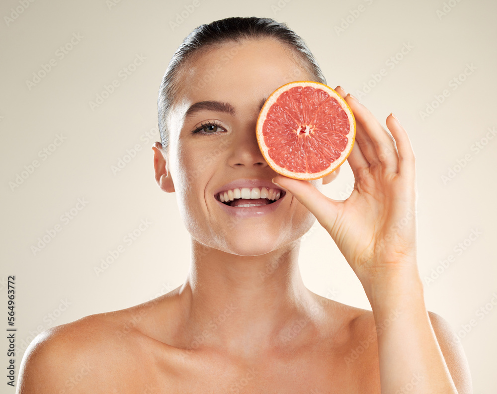 Beauty, skincare and grapefruit for portrait of a woman with natural skin dermatology product. Vitam