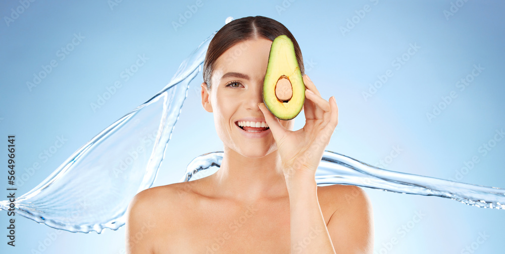 Skincare, beauty and woman portrait with avocado for natural skin dermatology cosmetic product. Wate