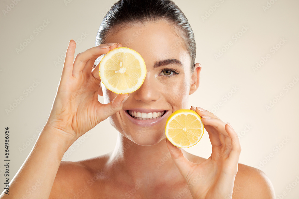 Skincare, face portrait and happy woman with lemon for natural fruit detox, health wellness or facia