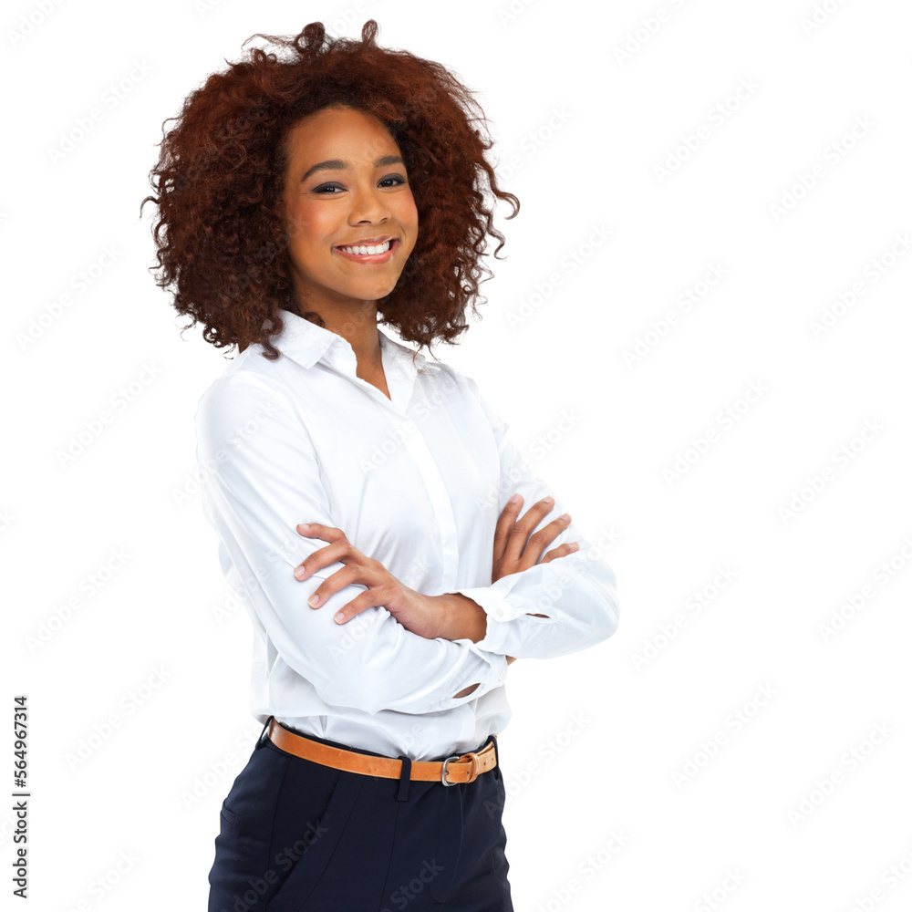 A beautiful young african woman standing with her hands crossed isolated on a PNG background.