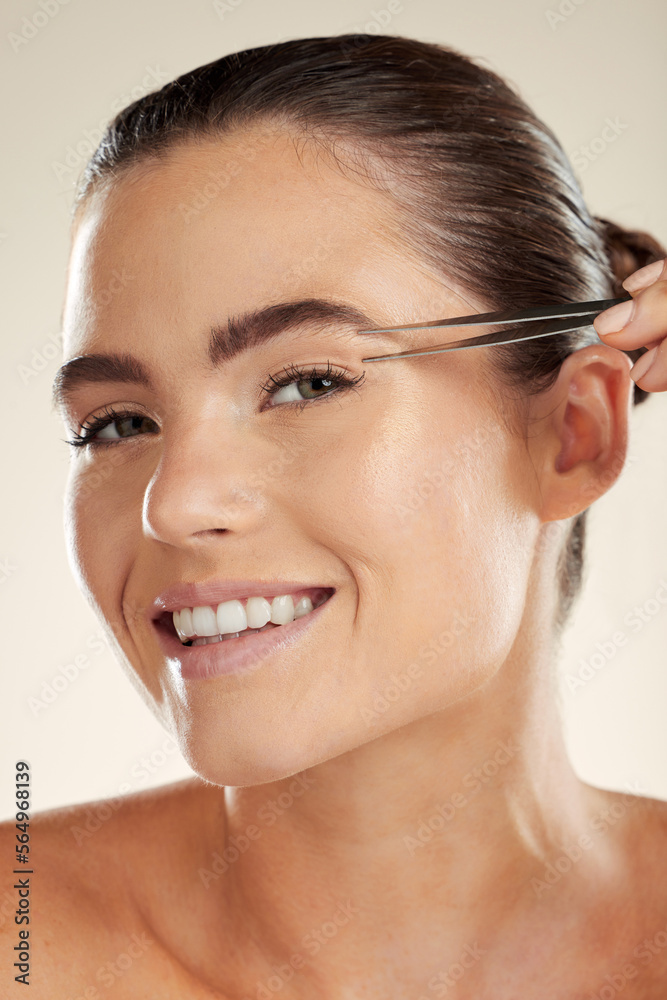 Beauty, face and woman portrait with tweezer for eyebrow cleaning or hair removal in studio. Happy a