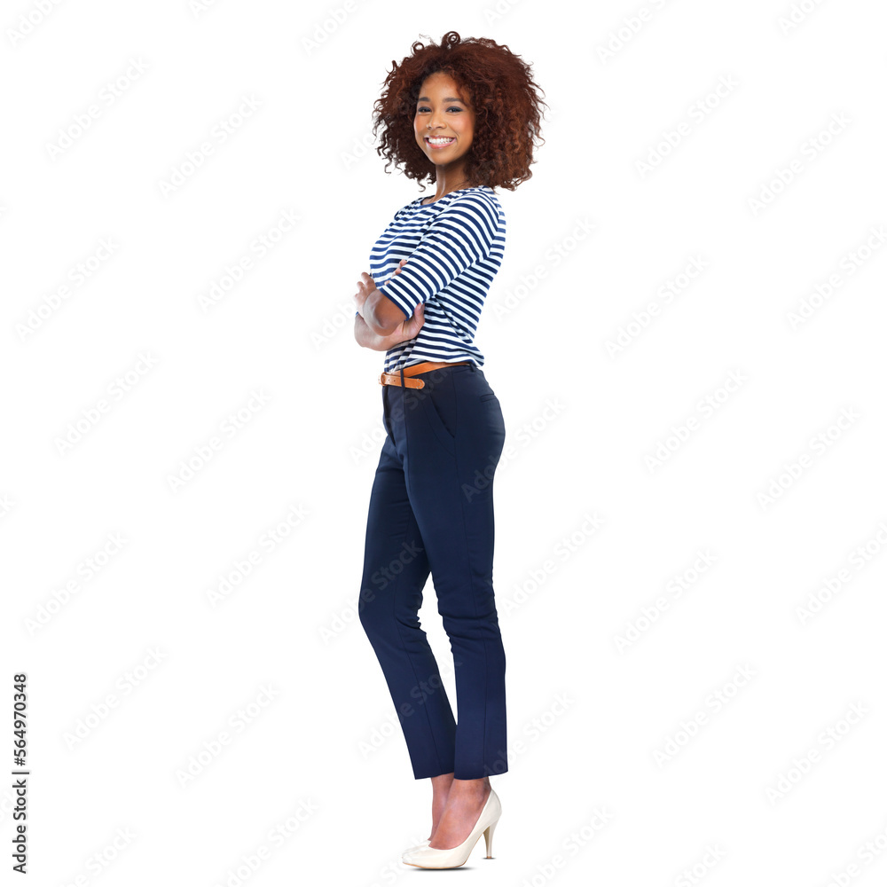 Full length shot of a beautiful young african woman standing with her hands crossed isolated on a PN