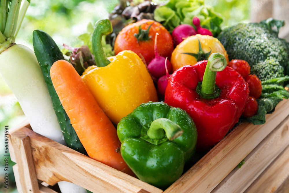 Wooden crate filled with fresh organic vegetables .