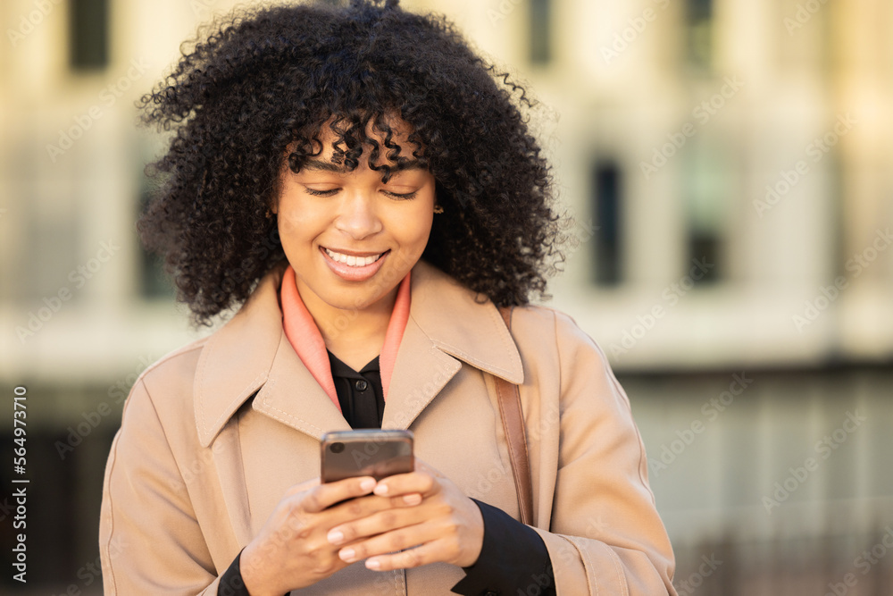 Black woman, travel or search with phone in city for internet research, communication or networking.