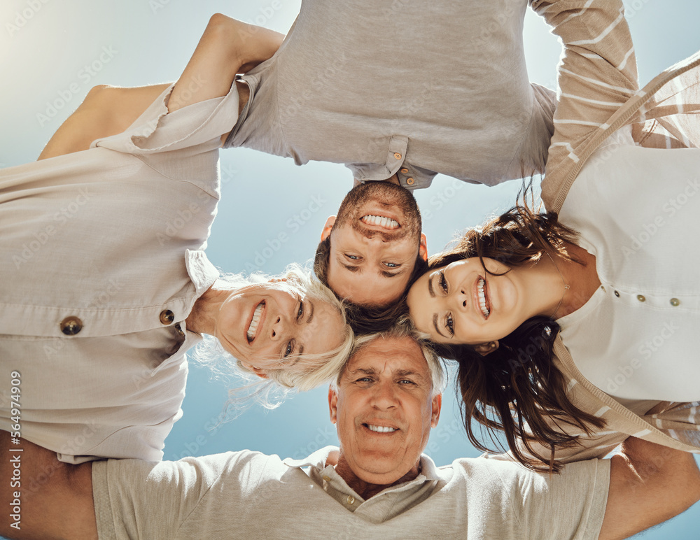 Happy family, portrait huddle and relax outdoor for travel holiday, summer vacation or comic support