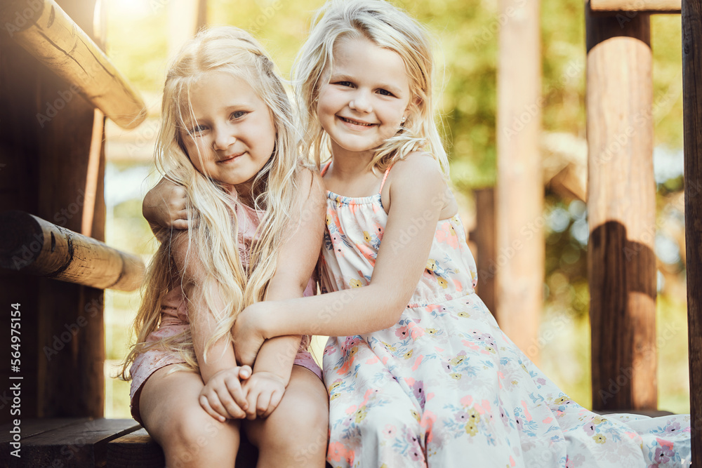 Portrait, children and girl siblings outdoor together at a park during summer vacation or holiday. F